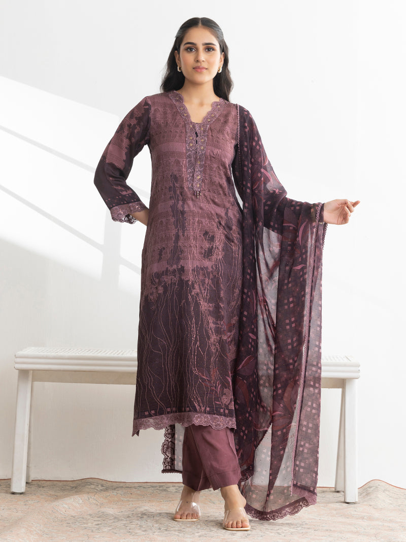 Ayra Organza Embroidered Kurta Set with Dupatta - Mulberry