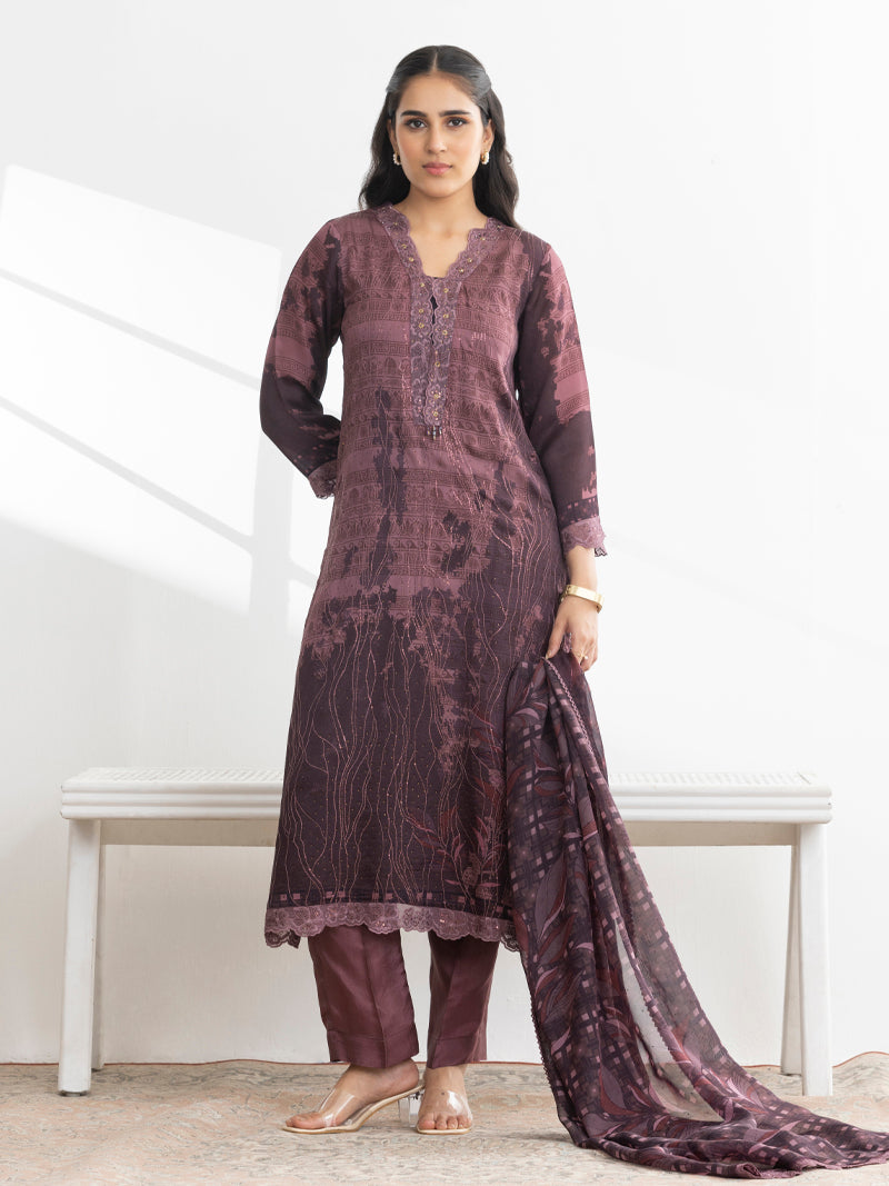 Ayra Organza Embroidered Kurta Set with Dupatta - Mulberry