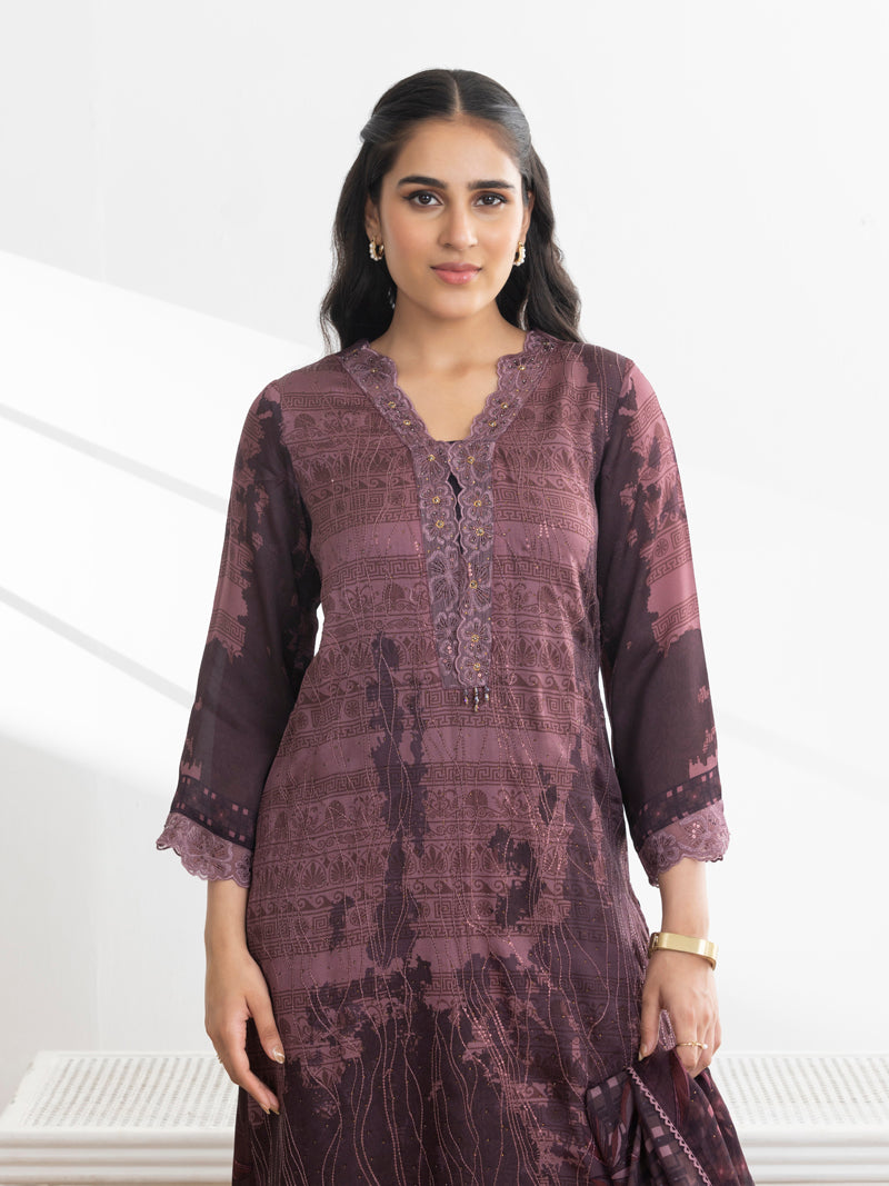 Ayra Organza Embroidered Kurta Set with Dupatta - Mulberry