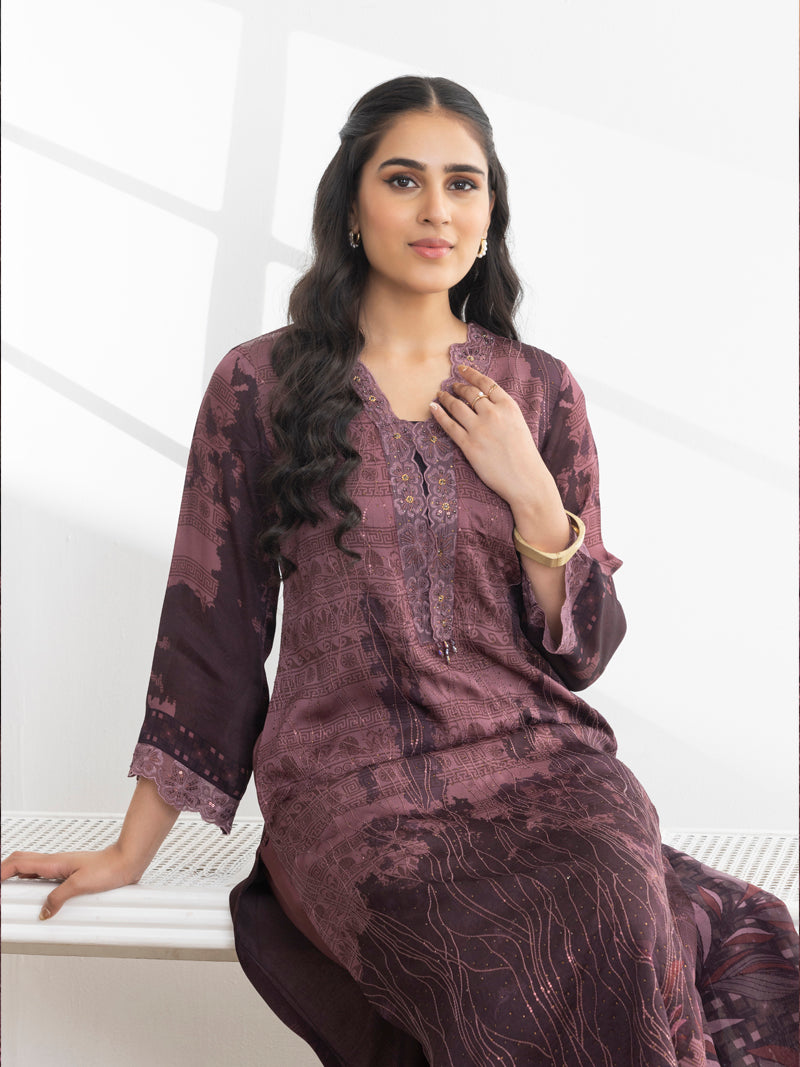 Ayra Organza Embroidered Kurta Set with Dupatta - Mulberry