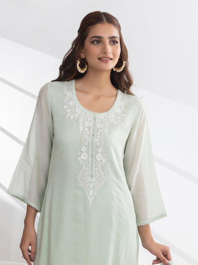 Inaya Pure Mul Chanderi Embroidered Kurta Set with Dupatta - Mint Bloom