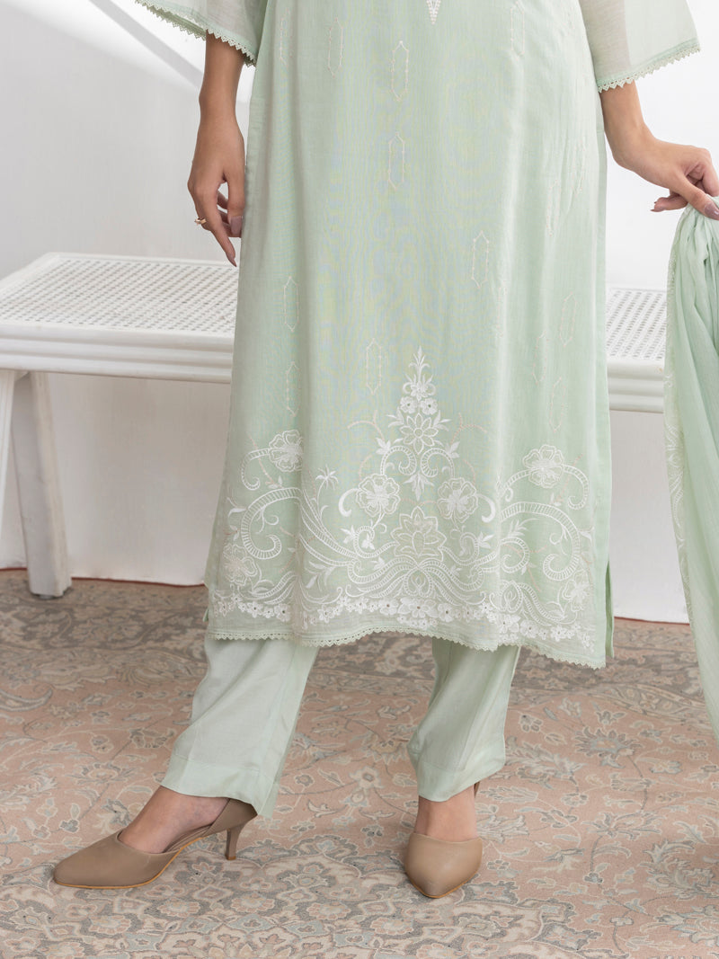 Inaya Pure Mul Chanderi Embroidered Kurta Set with Dupatta - Mint Bloom