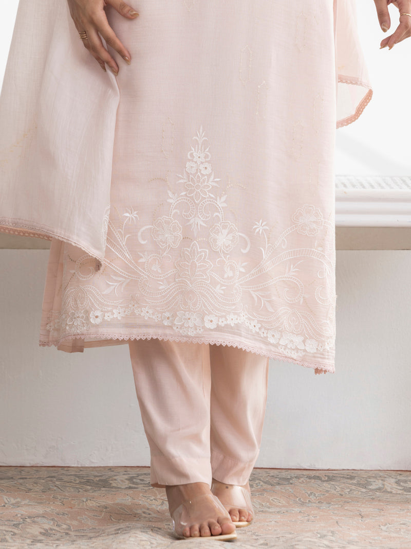 Inaya Pure Mul Chanderi Embroidered Kurta Set with Dupatta - Soft Pink