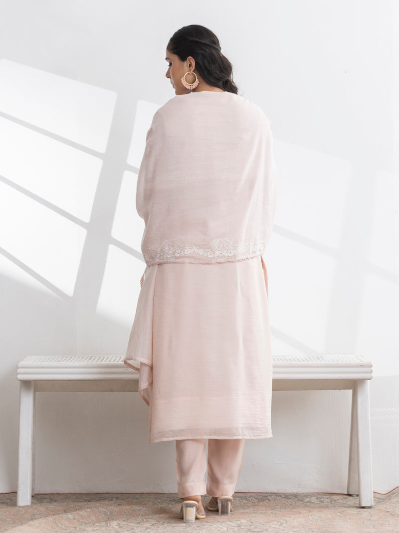 Inaya Pure Mul Chanderi Embroidered Kurta Set with Dupatta - Soft Pink