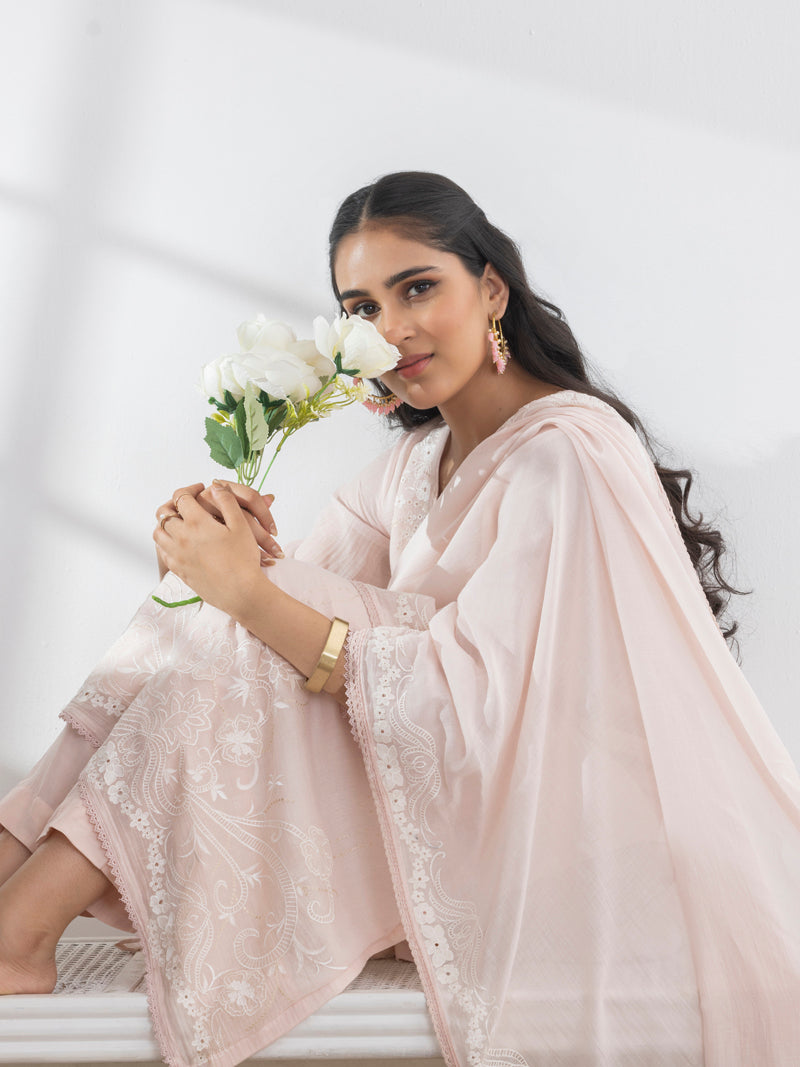 Inaya Pure Mul Chanderi Embroidered Kurta Set with Dupatta - Soft Pink