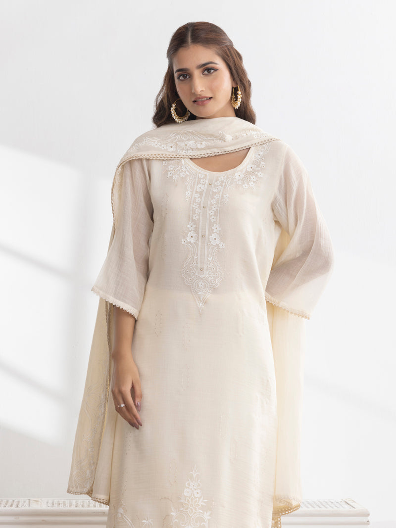 Inaya Pure Mul Chanderi Embroidered Kurta Set with Dupatta - Cream