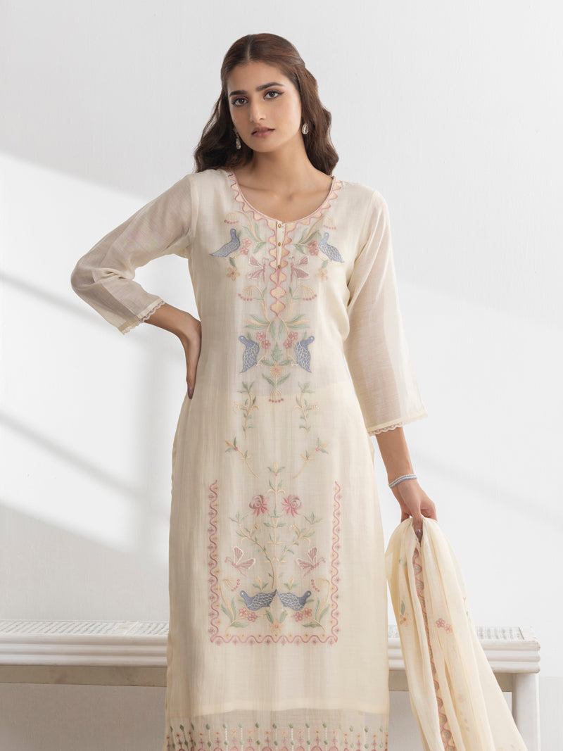 Avira Pure Mul Chanderi Embroidered Kurta Set with Dupatta - Cream