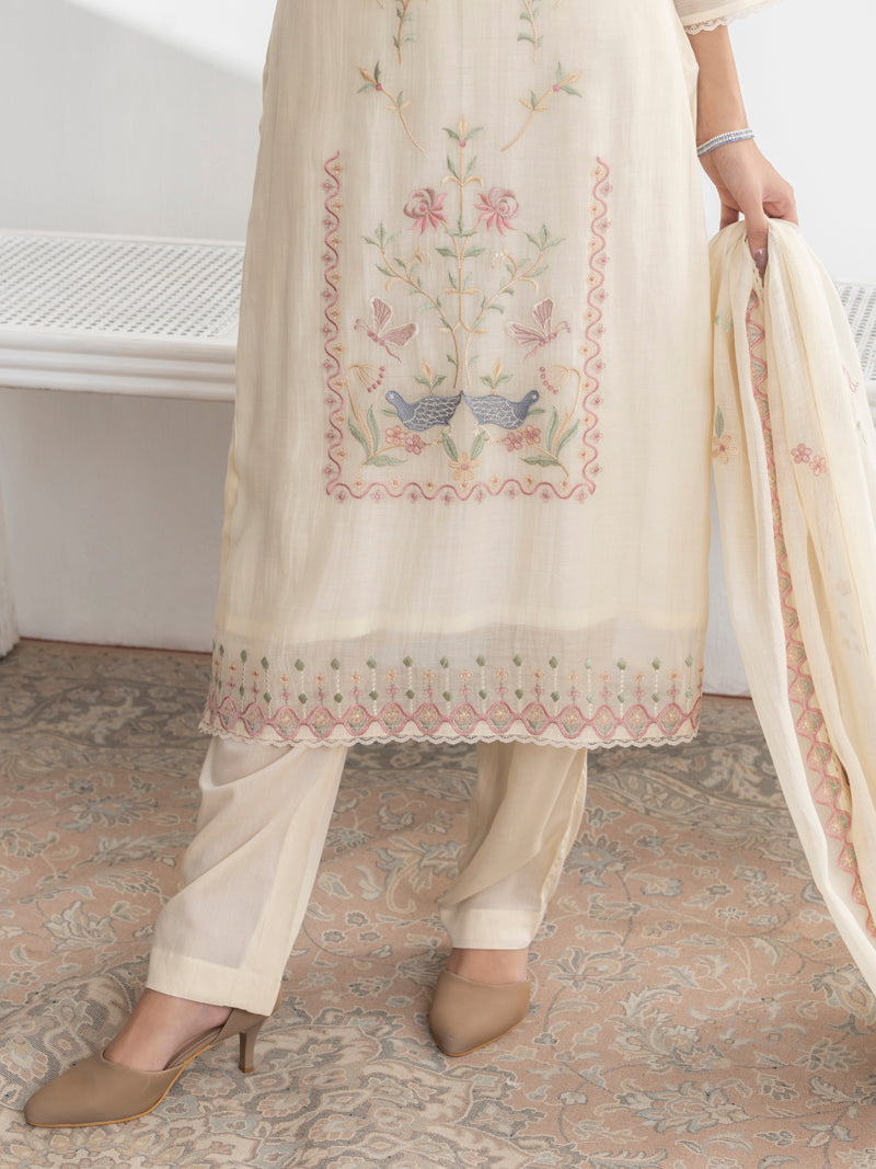 Avira Pure Mul Chanderi Embroidered Kurta Set with Dupatta - Cream