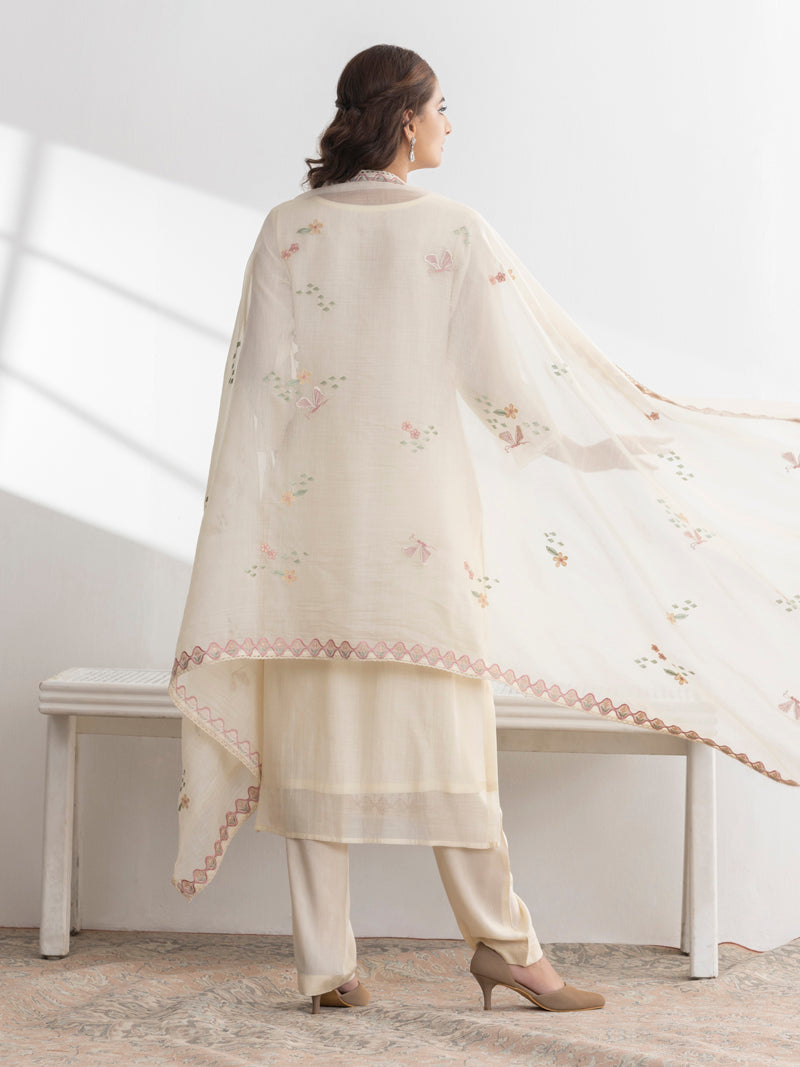 Avira Pure Mul Chanderi Embroidered Kurta Set with Dupatta - Cream
