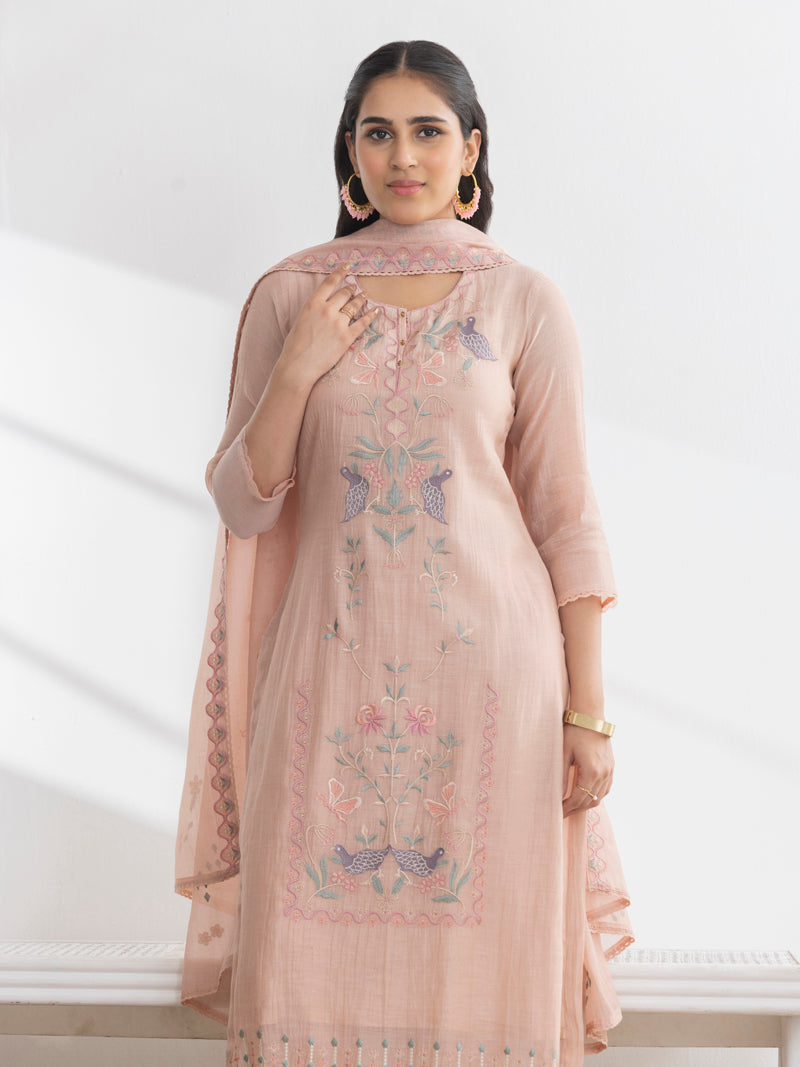 Avira Pure Mul Chanderi Embroidered Kurta Set with Dupatta - Peachy Pink