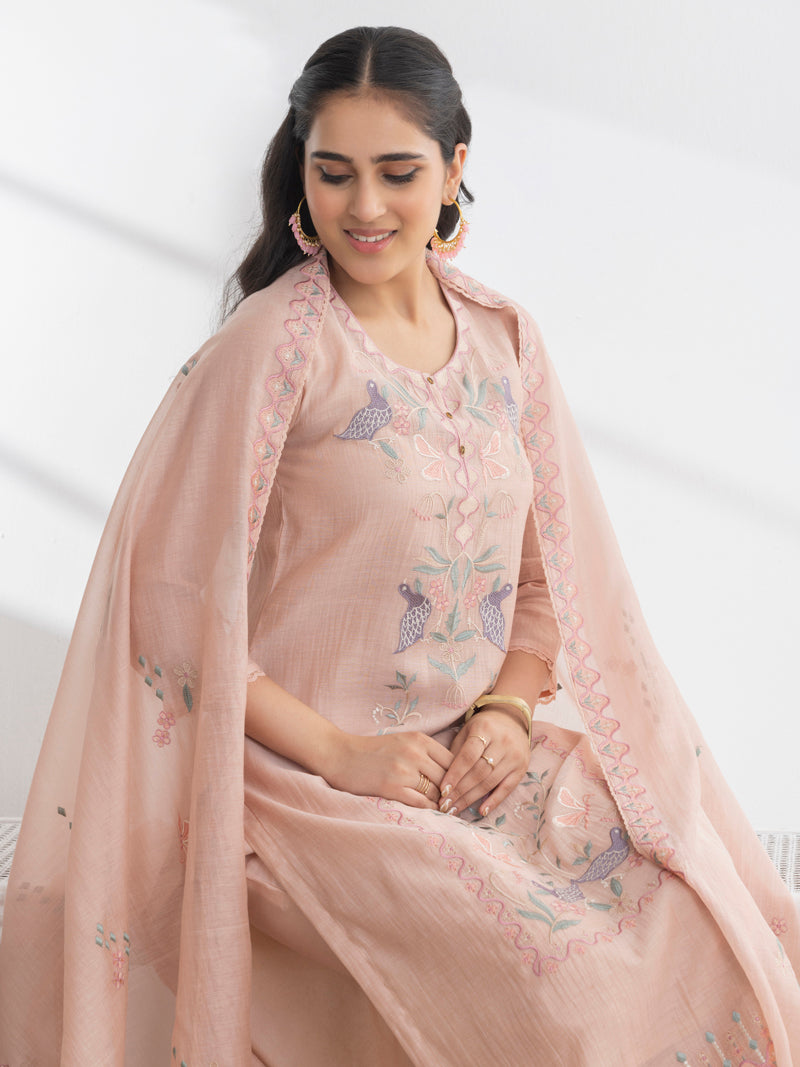 Avira Pure Mul Chanderi Embroidered Kurta Set with Dupatta - Peachy Pink