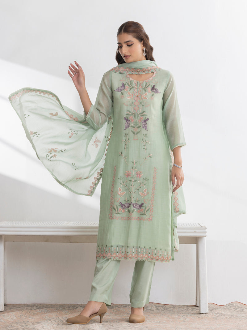 Avira Pure Mul Chanderi Embroidered Kurta Set with Dupatta - Mint Bloom
