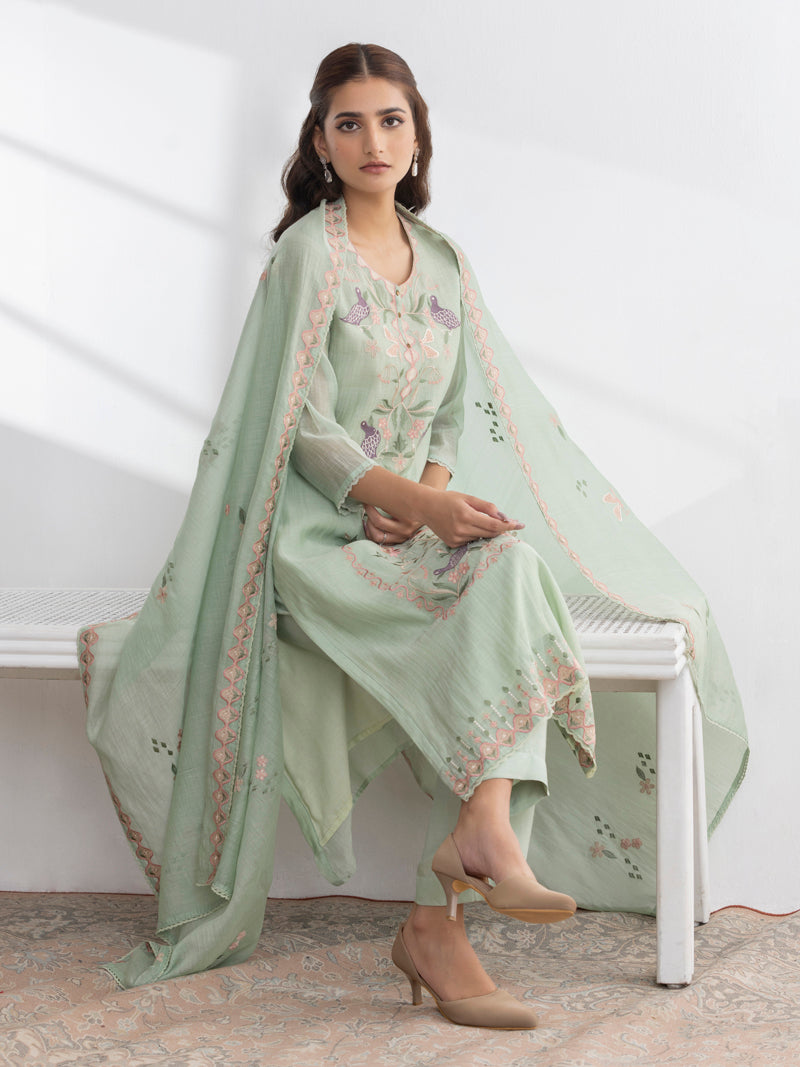 Avira Pure Mul Chanderi Embroidered Kurta Set with Dupatta - Mint Bloom