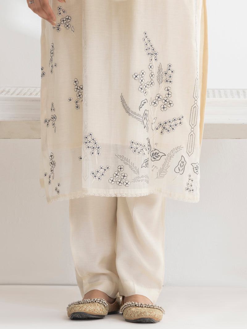 Ishya Pure Mul Chanderi Embroidered Kurta Set with Dupatta - Cream