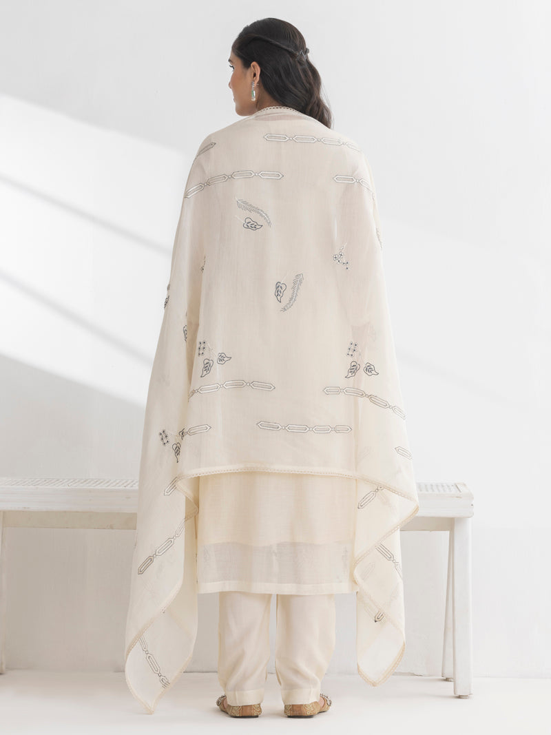 Ishya Pure Mul Chanderi Embroidered Kurta Set with Dupatta - Cream