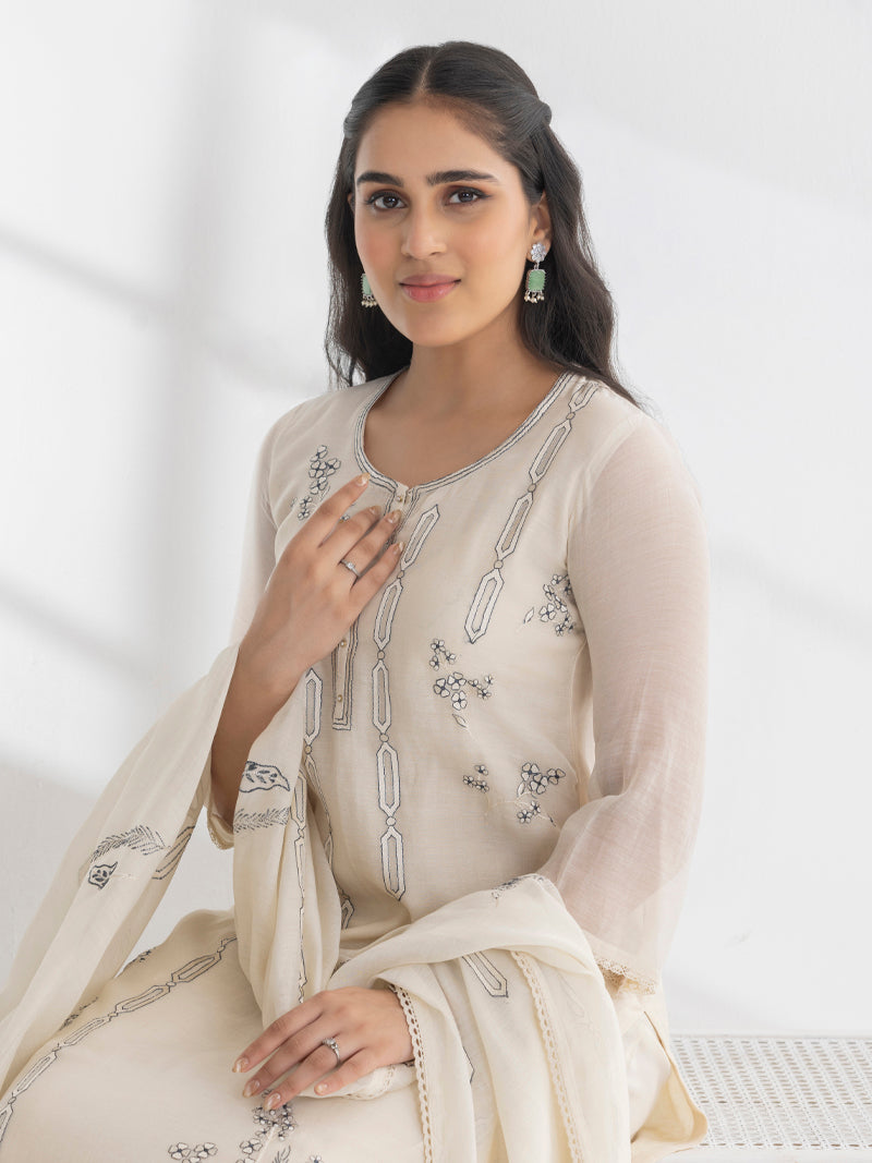 Ishya Pure Mul Chanderi Embroidered Kurta Set with Dupatta - Cream