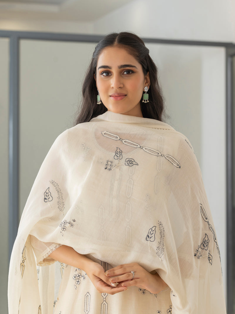 Ishya Pure Mul Chanderi Embroidered Kurta Set with Dupatta - Cream