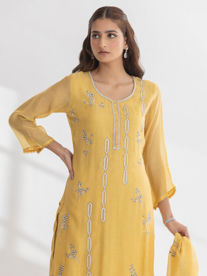 Ishya Pure Mul Chanderi Embroidered Kurta Set with Dupatta - Sunflower Yellow