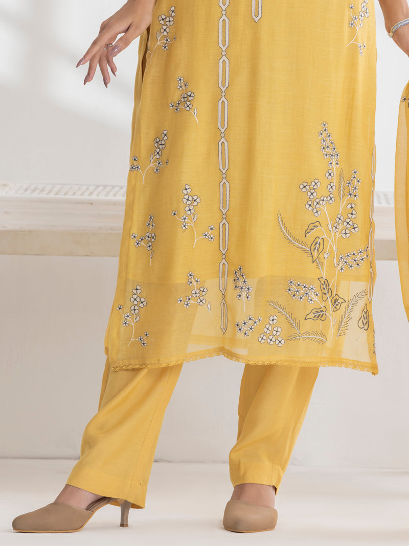Ishya Pure Mul Chanderi Embroidered Kurta Set with Dupatta - Sunflower Yellow