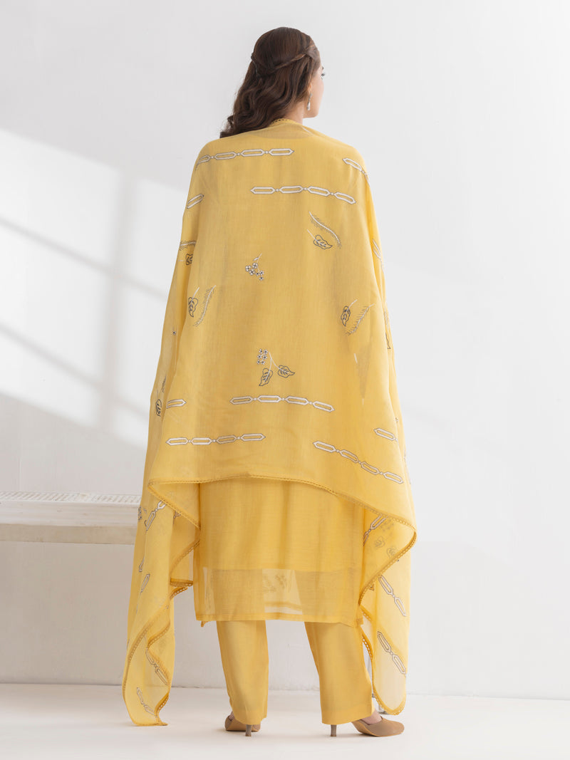 Ishya Pure Mul Chanderi Embroidered Kurta Set with Dupatta - Sunflower Yellow