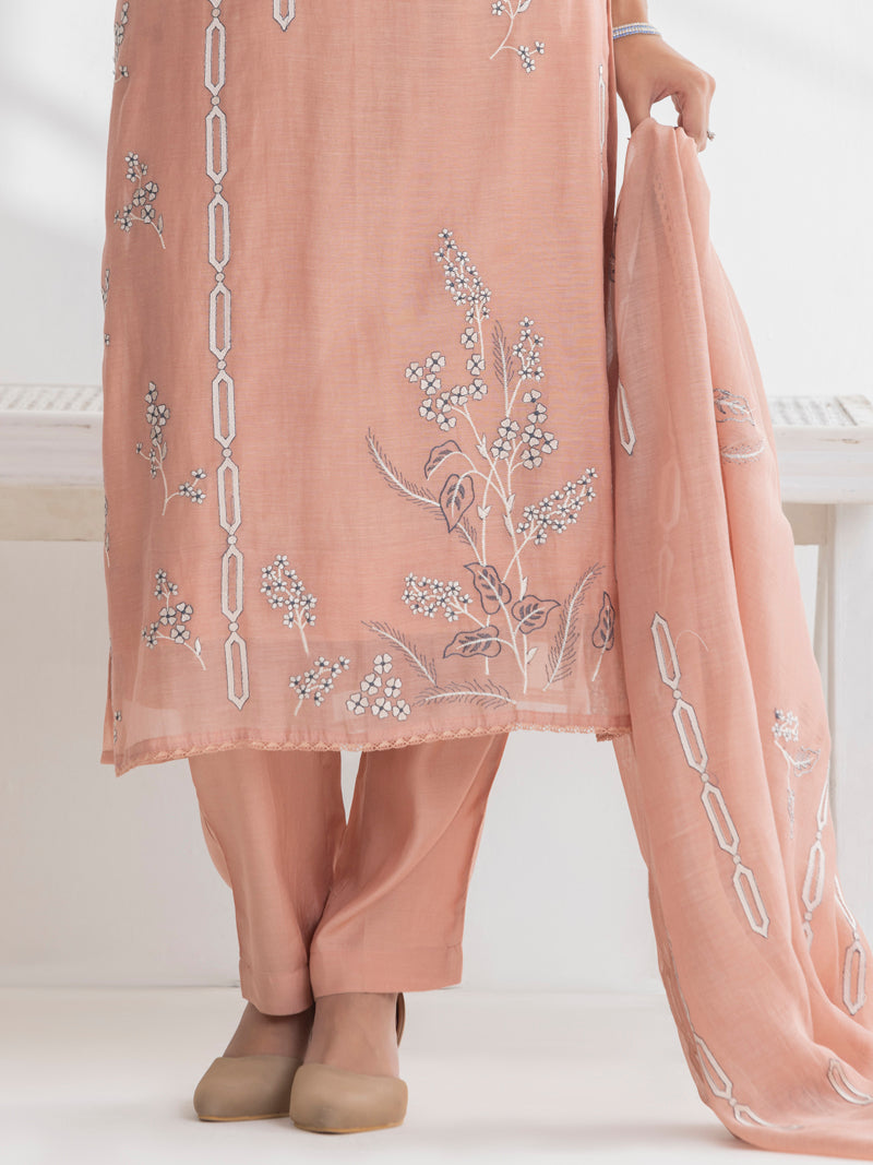 Ishya Pure Mul Chanderi Embroidered Kurta Set with Dupatta - Peachy Pink