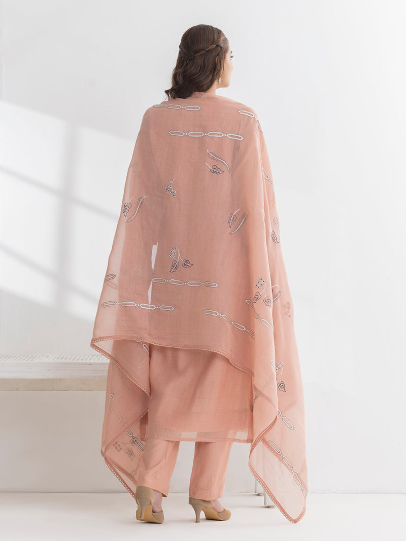 Ishya Pure Mul Chanderi Embroidered Kurta Set with Dupatta - Peachy Pink