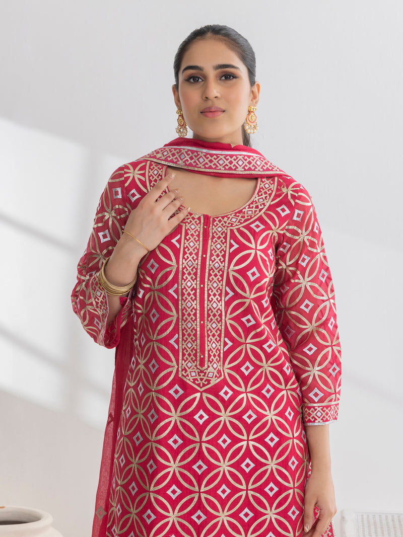 Diya Pure Mul Chanderi Embroidered Kurta Set with Dupatta - Crimson Red
