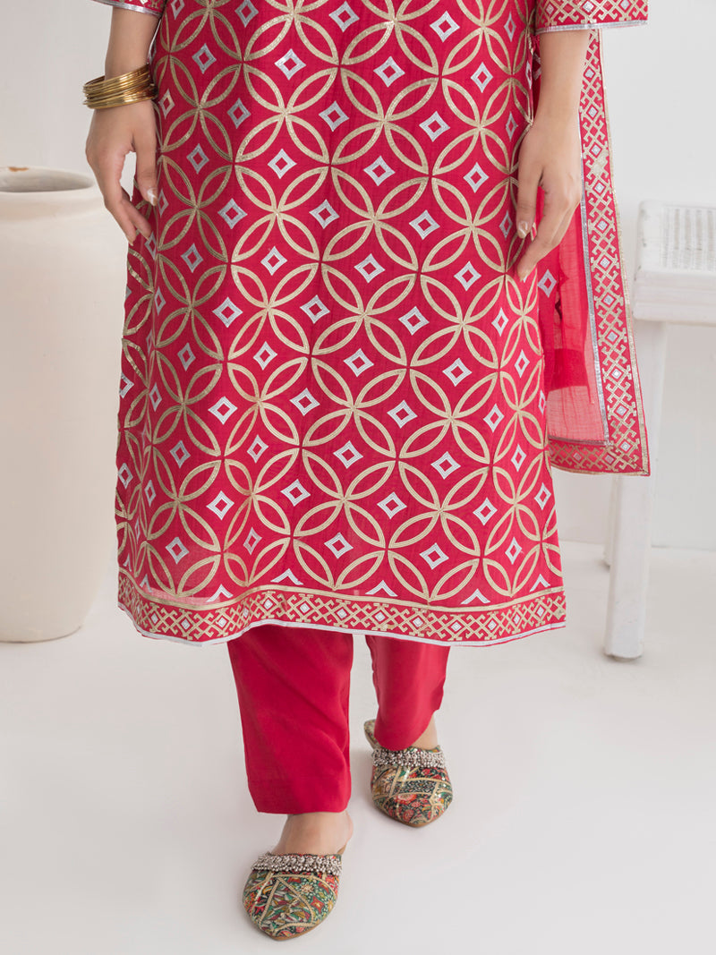 Diya Pure Mul Chanderi Embroidered Kurta Set with Dupatta - Crimson Red