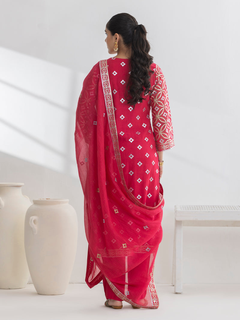 Diya Pure Mul Chanderi Embroidered Kurta Set with Dupatta - Crimson Red