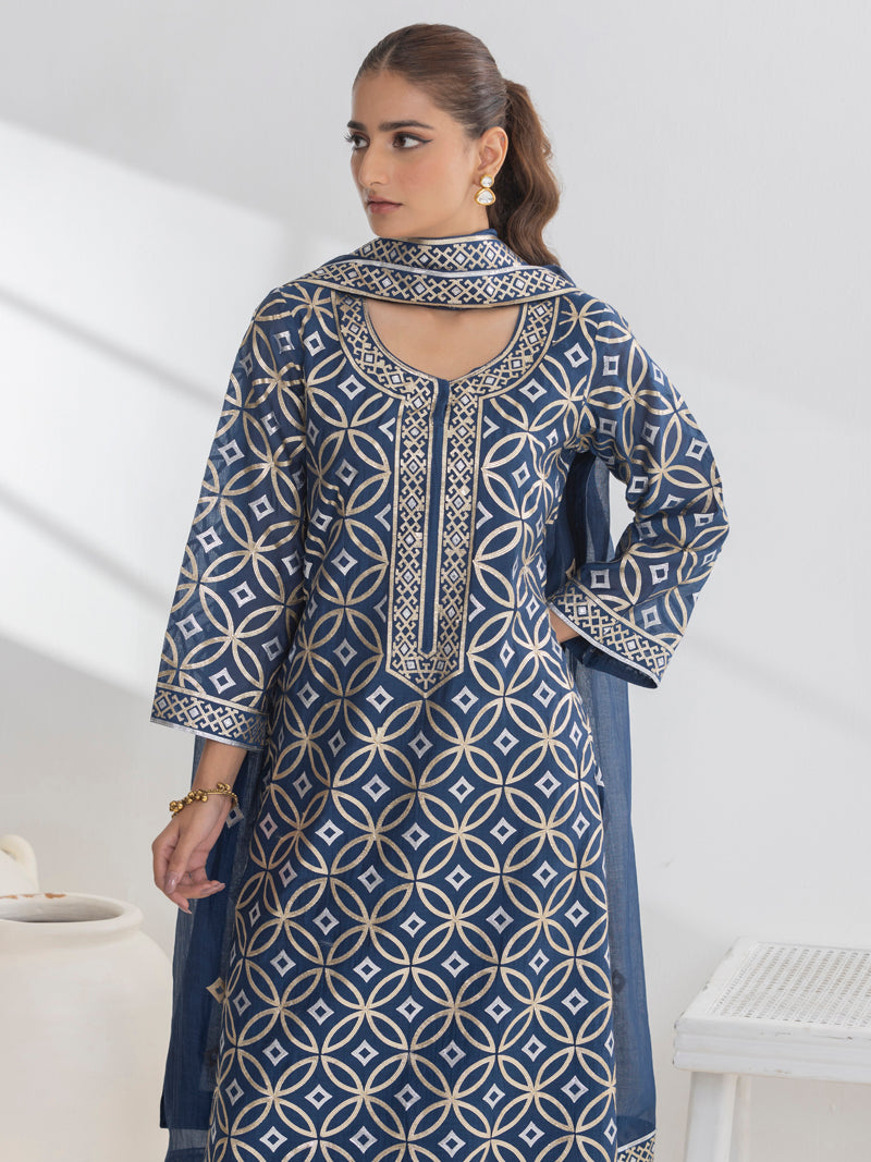 Diya Pure Mul Chanderi Embroidered Kurta Set with Dupatta - Midnight Blue