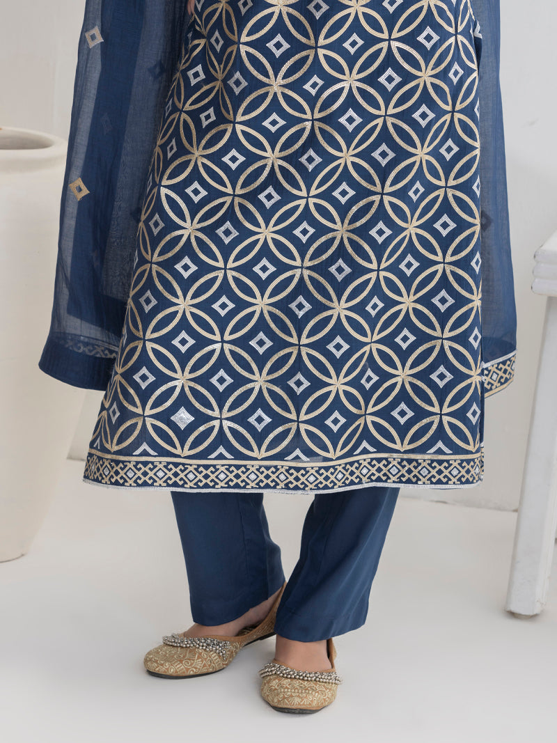 Diya Pure Mul Chanderi Embroidered Kurta Set with Dupatta - Midnight Blue