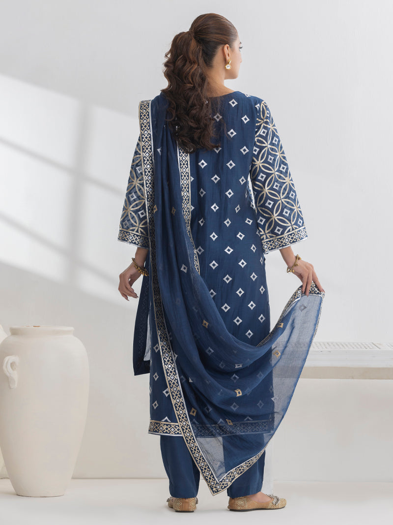 Diya Pure Mul Chanderi Embroidered Kurta Set with Dupatta - Midnight Blue