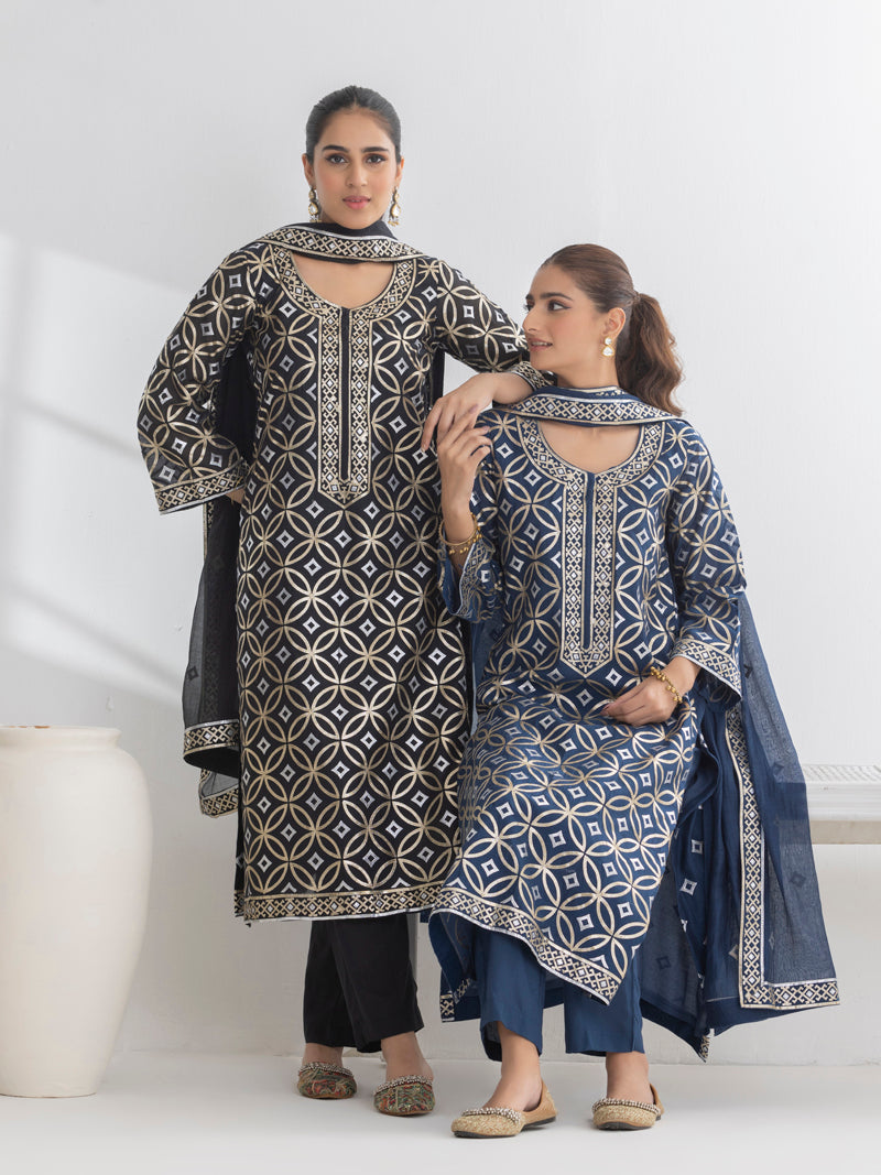 Diya Pure Mul Chanderi Embroidered Kurta Set with Dupatta - Midnight Blue