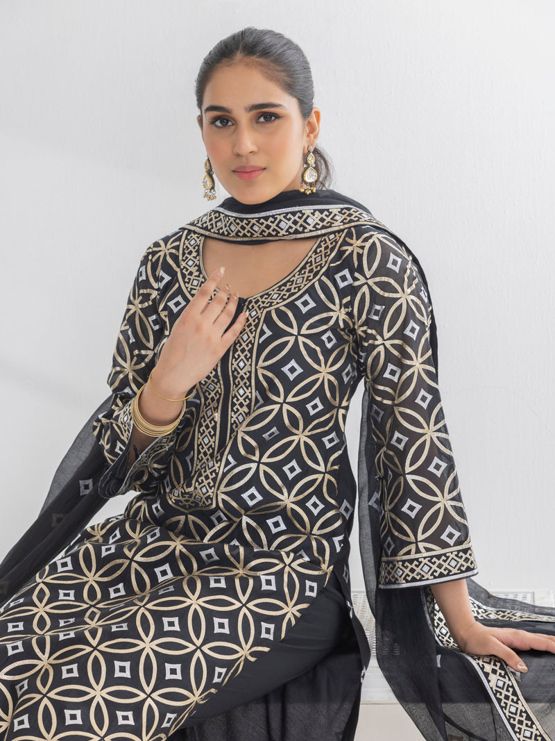 Diya Pure Mul Chanderi Embroidered Kurta Set with Dupatta - Black