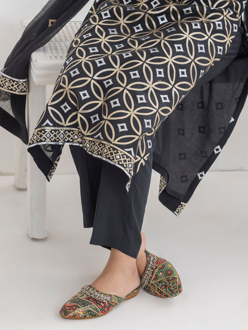 Diya Pure Mul Chanderi Embroidered Kurta Set with Dupatta - Black