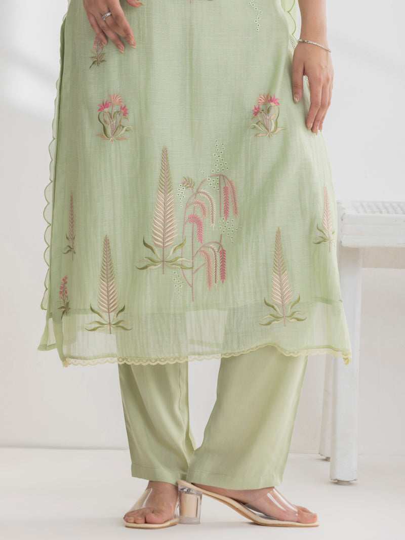 Isha Pure Mul Chanderi Embroidered Kurta Set with Dupatta - Mint Green