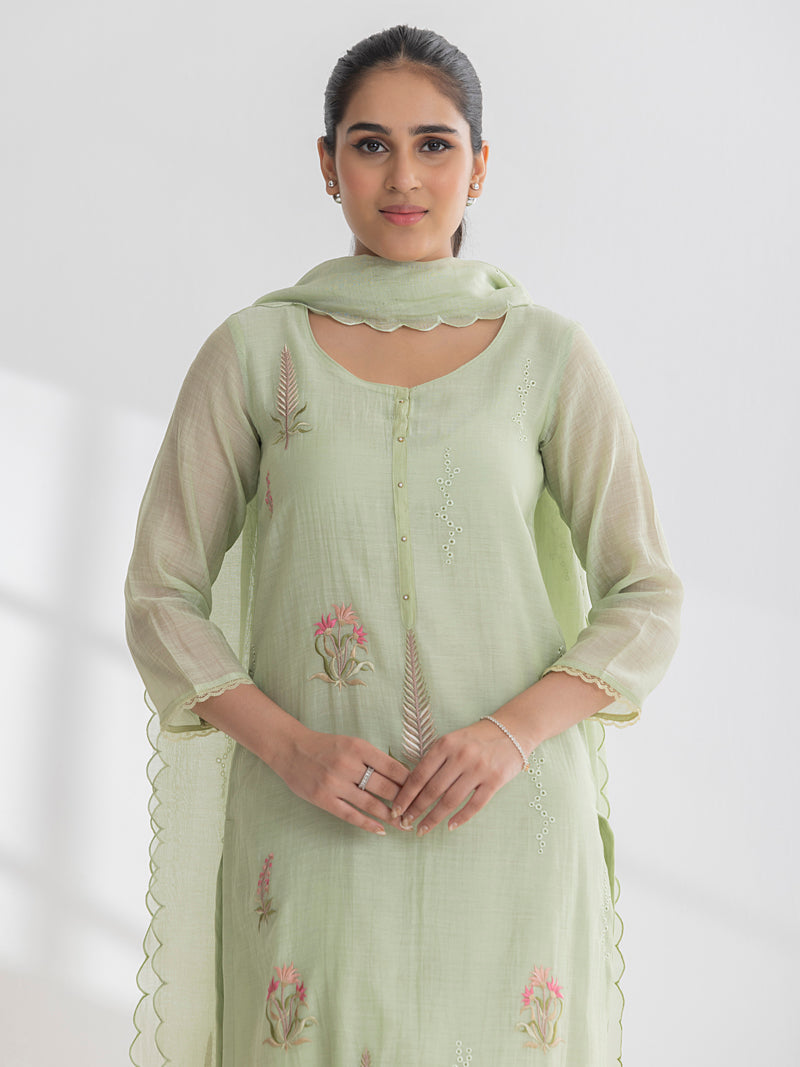 Isha Pure Mul Chanderi Embroidered Kurta Set with Dupatta - Mint Green