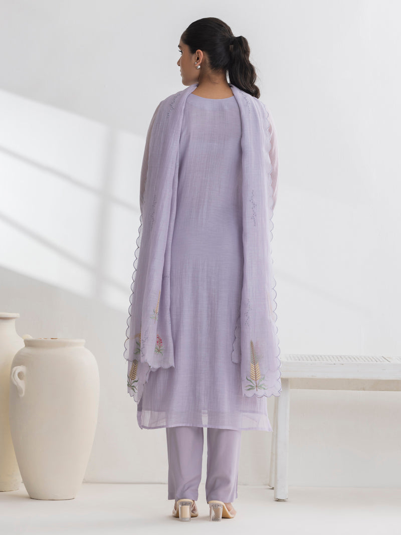 Isha Pure Mul Chanderi Embroidered Kurta Set with Dupatta - Lavender Mist