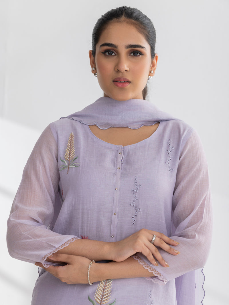 Isha Pure Mul Chanderi Embroidered Kurta Set with Dupatta - Lavender Mist