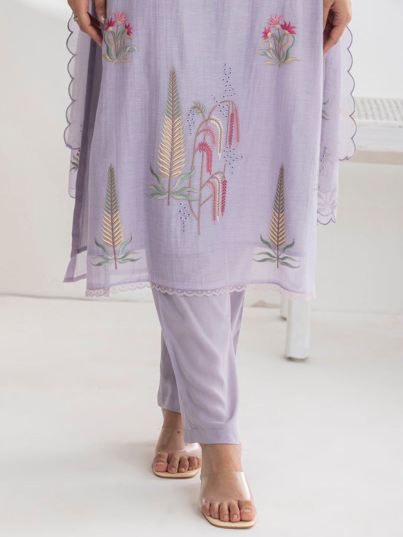 Isha Pure Mul Chanderi Embroidered Kurta Set with Dupatta - Lavender Mist