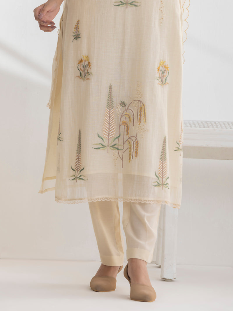 Isha Pure Mul Chanderi Embroidered Kurta Set with Dupatta - Cream