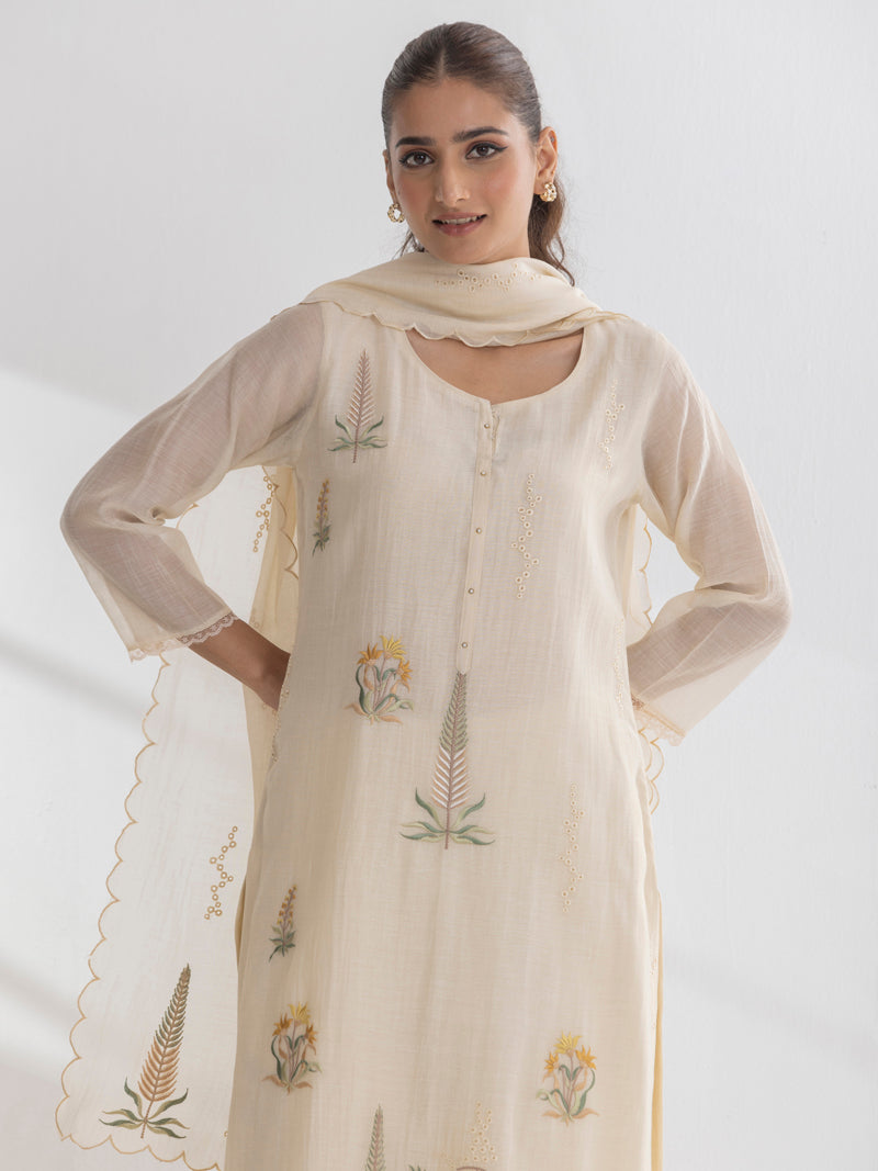 Isha Pure Mul Chanderi Embroidered Kurta Set with Dupatta - Cream