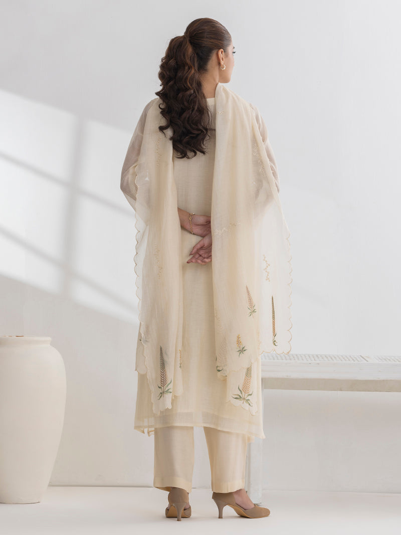 Isha Pure Mul Chanderi Embroidered Kurta Set with Dupatta - Cream