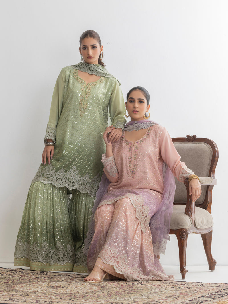 Aarzu Embroidered Garara Set - Sage Green