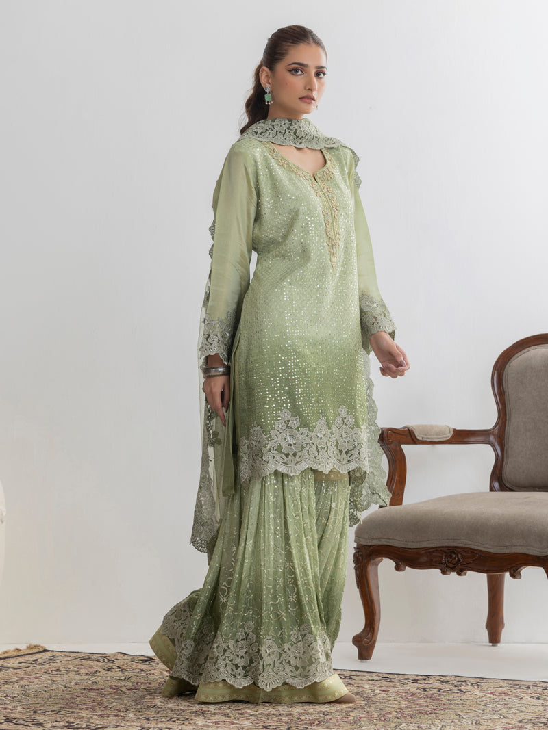Aarzu Embroidered Garara Set - Sage Green