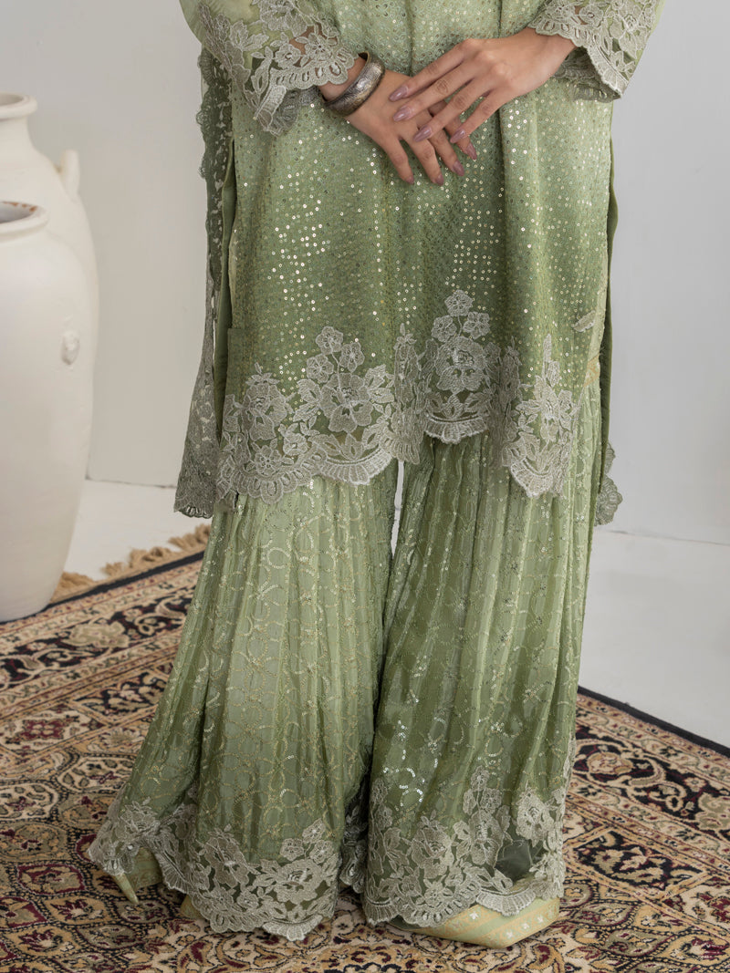 Aarzu Embroidered Garara Set - Sage Green