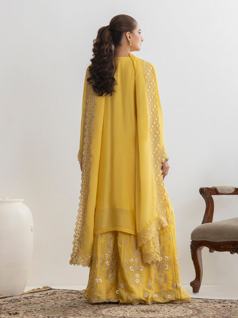 Mehr Chinnon Sharara Set with Dupatta - Sunflower Yellow