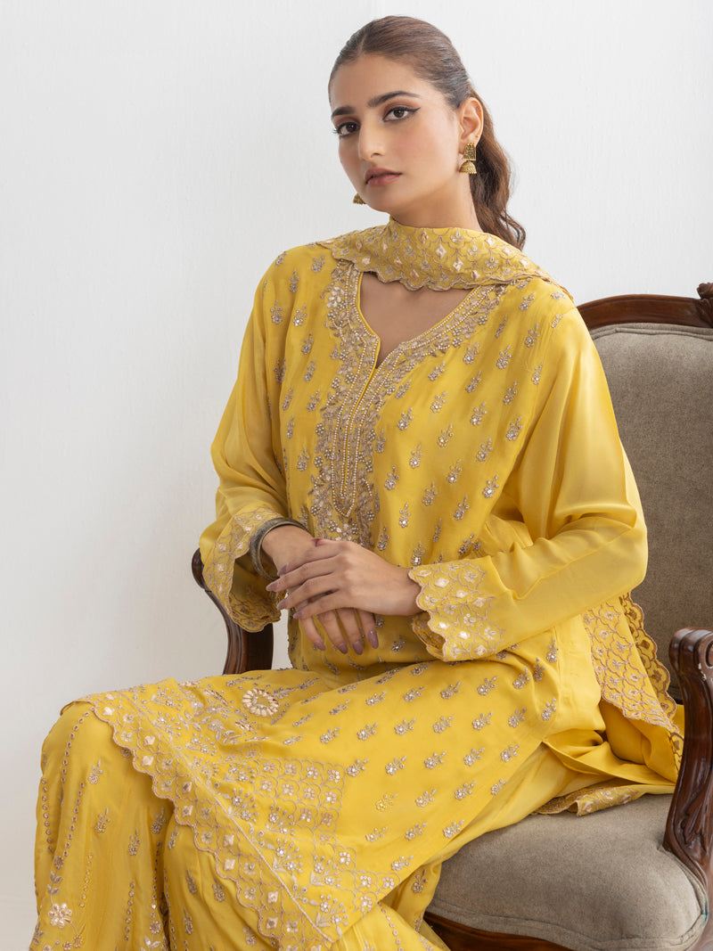Mehr Chinnon Sharara Set with Dupatta - Sunflower Yellow