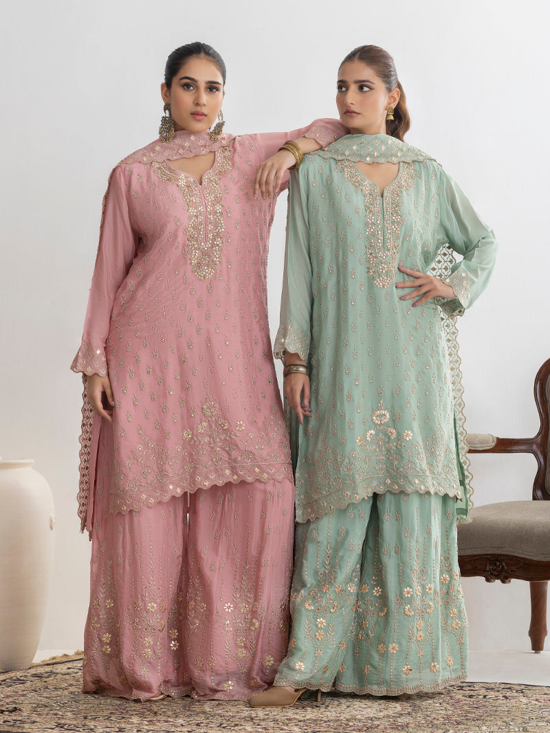 Mehr Chinnon Sharara Set with Dupatta - Rose Pink