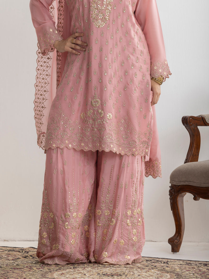 Mehr Chinnon Sharara Set with Dupatta - Rose Pink